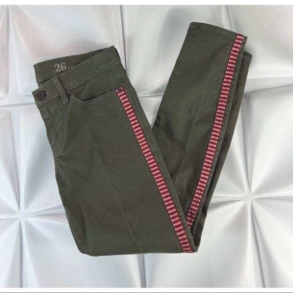 J Crew Women Sz 26 Army Green Red Embroidered Tuxedo Stripe Toothpick Ankle Jean - Picture 6 of 11